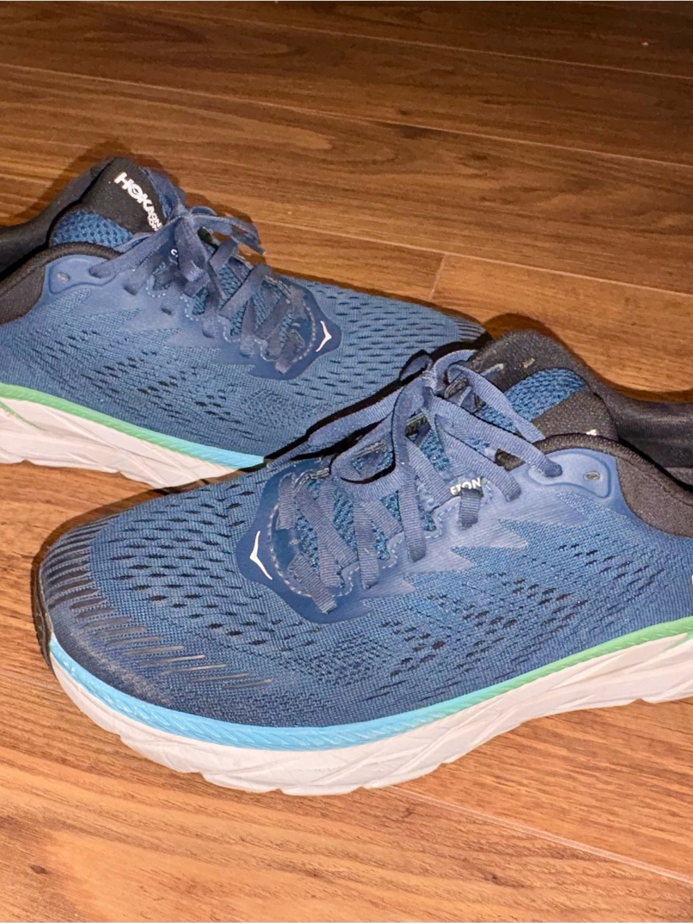 Men US 10.5, Hoka One One navy Blue Running Shoes with White & Green Accents
